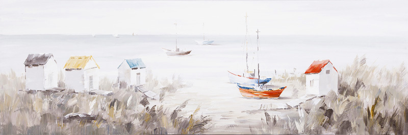 PXYW649 Wall décor art oil on canvas seascape boats and changerooms